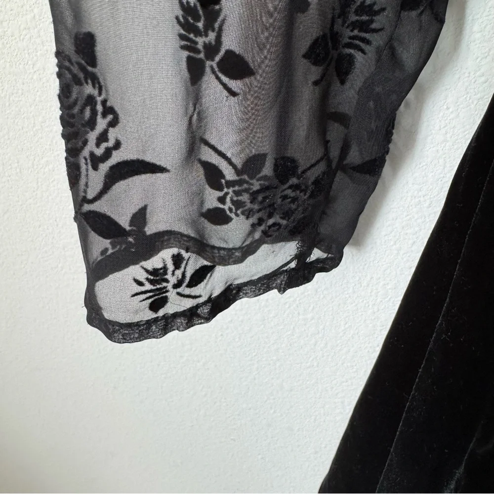 Vintage Niki Black Velvet Floral Dress Size 10 Whimsigoth 80s 90s Prom Sheer - Picture 6 of 13